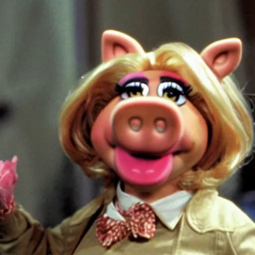 Image similar to movie still of miss piggy in the matrix