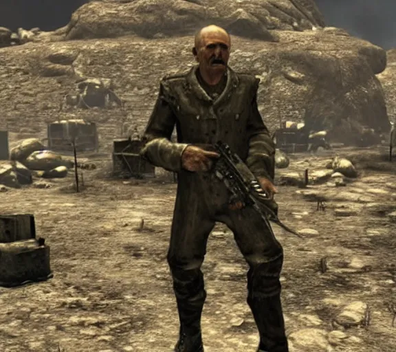 Image similar to Janusz Korwin-Mikke in the centre of a screenshot from the game Fallout: New Vegas (2010)