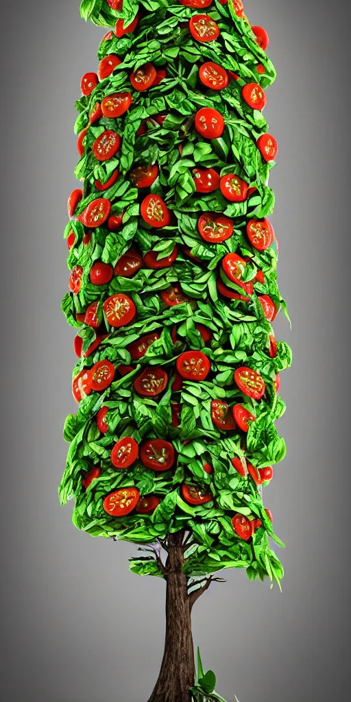 Image similar to highly detailed 3 d render of a tall slender intricate tree with leaves that look like pizza toppings, tomato, mozzarella, basil, hyper realistic octane render, cinematic lighting, deviantart, lowbrow, surrealism, pixar still