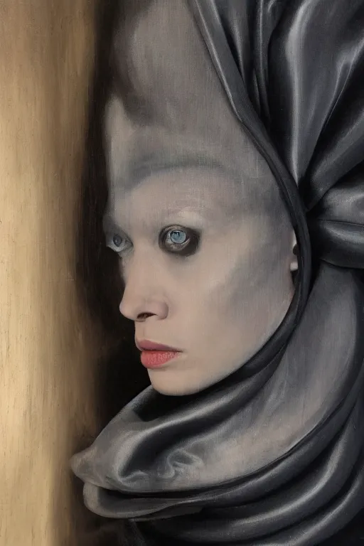 Image similar to hyperrealism oil painting, close - up portrait of albino medieval fashion model, black silk, steel gradient mixed with nebula sky, in style of baroque