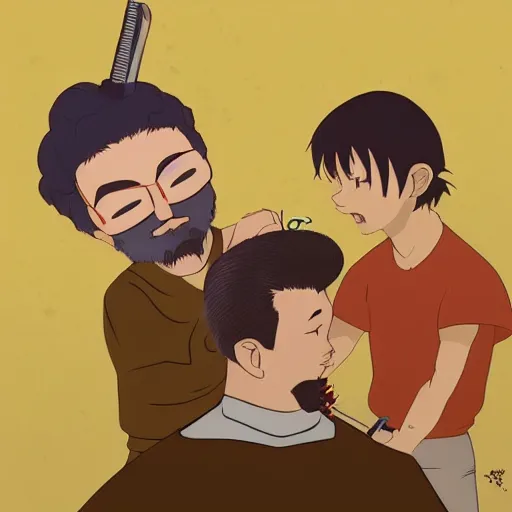 Image similar to a barber struggles to cut the hair of conjoined twins, by miyazaki and soraya, trending on artstation