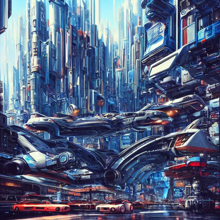 Prompt: hyperrealistic painting of a slice of life from a futuristic city, mechanical designs, futuristic vehicles, technological, cinematic, cyberpunk style, highly detailed, realism, acrylic on canvas, 8 k resolution, concept art, by noriyoshi ohrai, george luks, james gurney