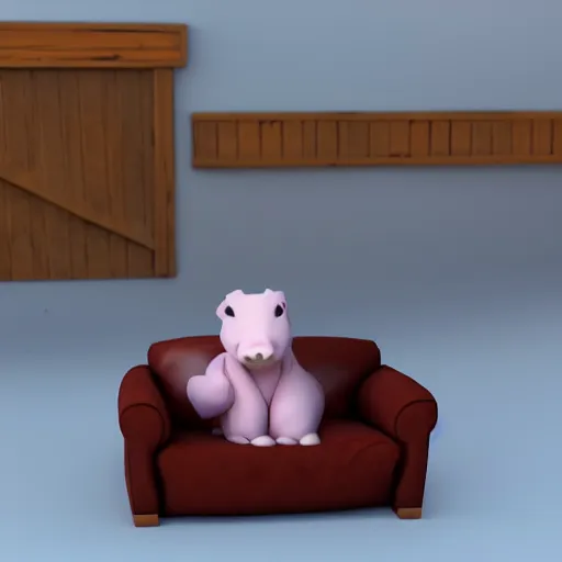 Image similar to a baby hippo pony live in a cozy house and watch tv in the family room. 3 d render.