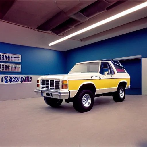 Prompt: 1980 GNX Bronco, inside of an auto dealership, ektachrome photograph, volumetric lighting, f8 aperture, cinematic Eastman 5384 film