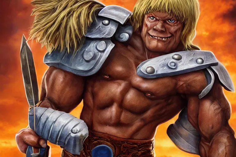 Image similar to realistic he - man, holding the power of grayskull, award winning photo, hd, high detailed