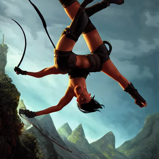 Image similar to Lara Croft doing a backflip, painted by Mark Brooks and Charlie Bowater