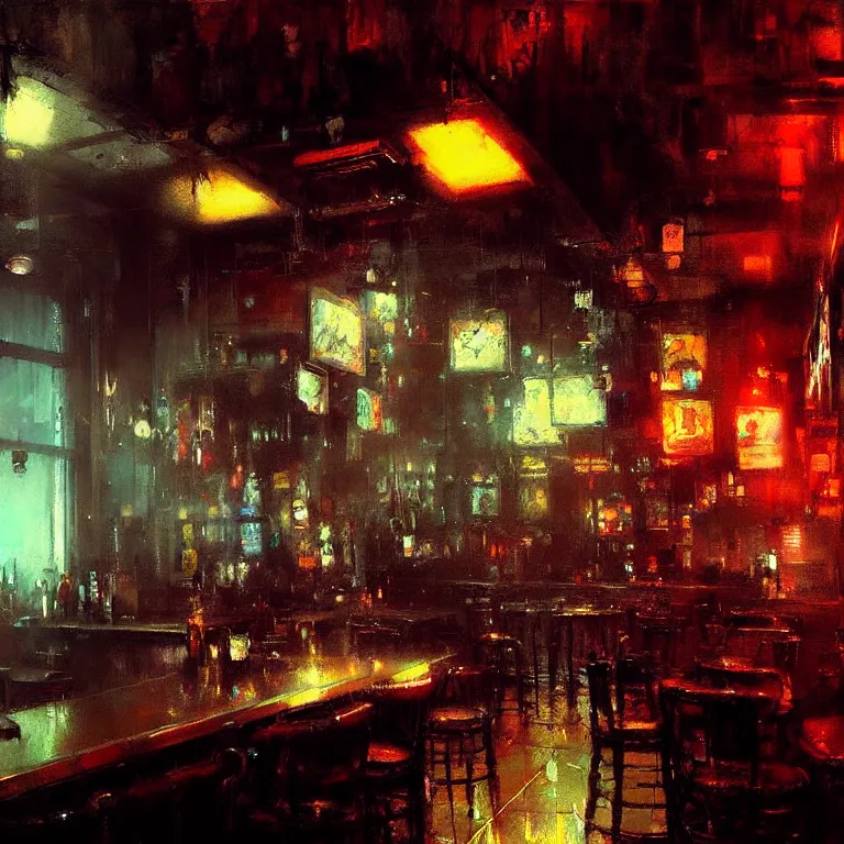 Prompt: neon bar interior by jeremy mann greg rutkowski beautiful detailed painting