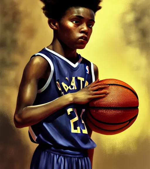 Prompt: portrait of a boy at a basketball court holding a basketball wearing a basketball uniform in a basketball court standing near the basketball hoop, poised, intense emotion, detailed facial expression, detailed surroundings, intricate, elegant, highly detailed, centered, digital painting, artstation, concept art, smooth, sharp focus, illustration, by Peter Mohrbacher, WLOP