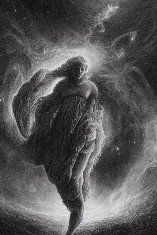 Image similar to several human forms mixed together form a tornado by artgem and gustave dore, highly detailed, high contrast, trippy, nebula, trending on artstation