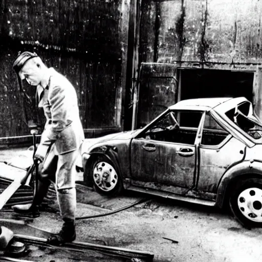 Image similar to hitler using an angle grinder, removing rust from a toyota mr 2