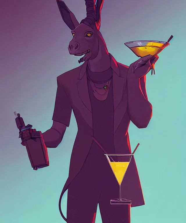 Prompt: a portrait of an anthropomorphic donkey holding a martini, cyberpunk!, fantasy, elegant, digital painting, artstation, concept art, matte, sharp focus, illustration, art by josan gonzalez