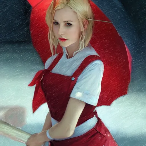 Image similar to elf woman standing in rain, short blonde hair, red and white chef's apron, sharp focus, intricate, smooth, ultra realistic digital art, d & d, high fantasy, pointed ears, elegant, by artgerm, greg rutkowski, raymond swanland, alphonse mucha