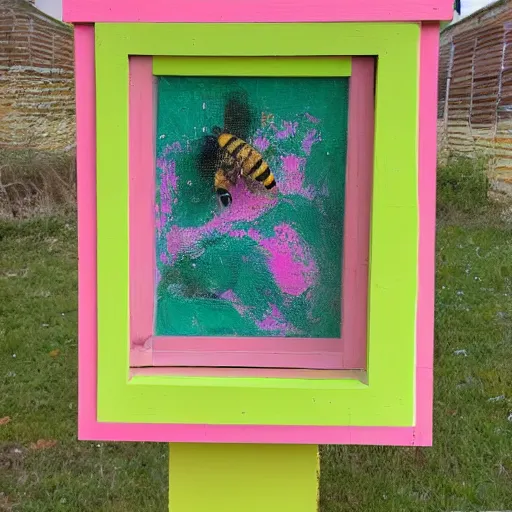 Prompt: a white Langstroth beehive that has an abstract painting in pink and lime green on it painted by children, bees flying around