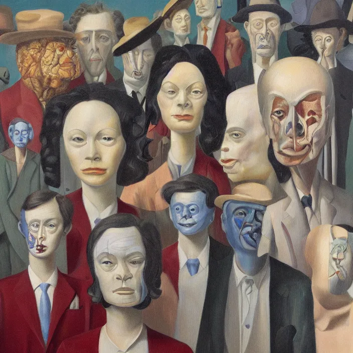 Image similar to group of people pictured in afternoon light, close - up of the faces, anatomically and proportionally correct, surrealist oil painting by james jean, dora maar and rene magritte, detailed, cgsociety,