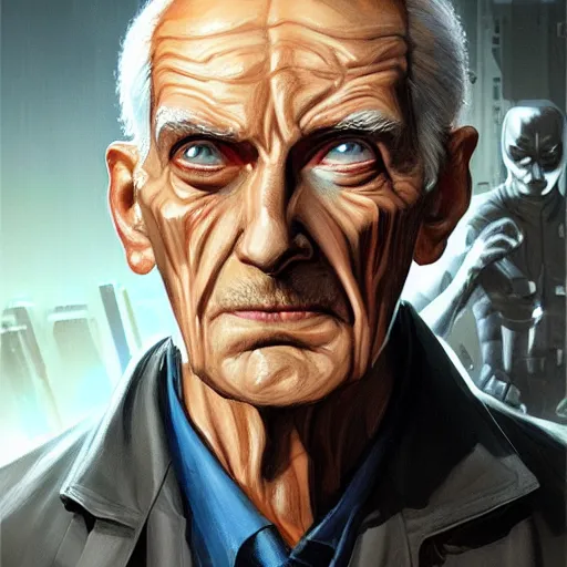 Image similar to marvel comic book style portrait painting of an old short thin man with a thin mean face, wearing a futuristic lab coat, standing in front of a computer simulation, sci - fi, intricate, elegant, highly detailed, digital painting, artstation, concept art, matte, sharp focus, illustration, art by artgerm and greg rutkowski and jim burns and alan lee