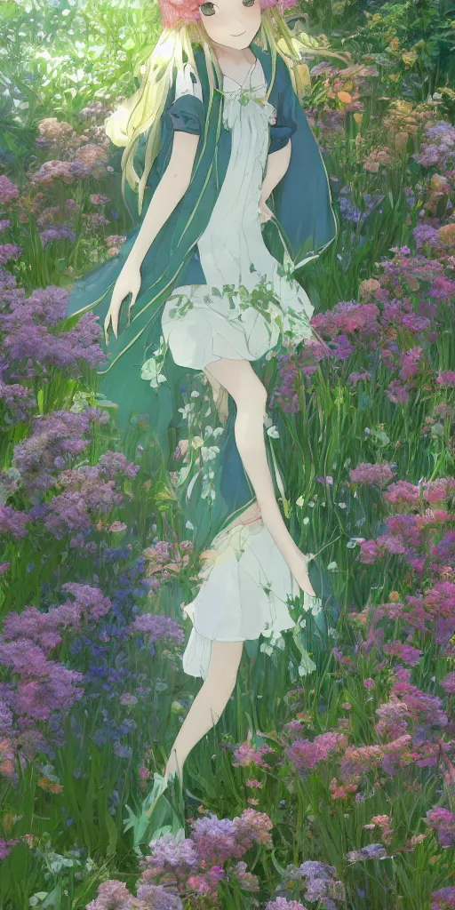 Image similar to a digital art of a loli with long hair in a dress in the privet garden at after noon, green and warm theme, mediumslateblue flowers, low angle, back lighting, by krenz cushart and mucha and akihito yoshida and greg rutkowski and makoto shinkai, highly detailed, 4 k resolution, trending on art station