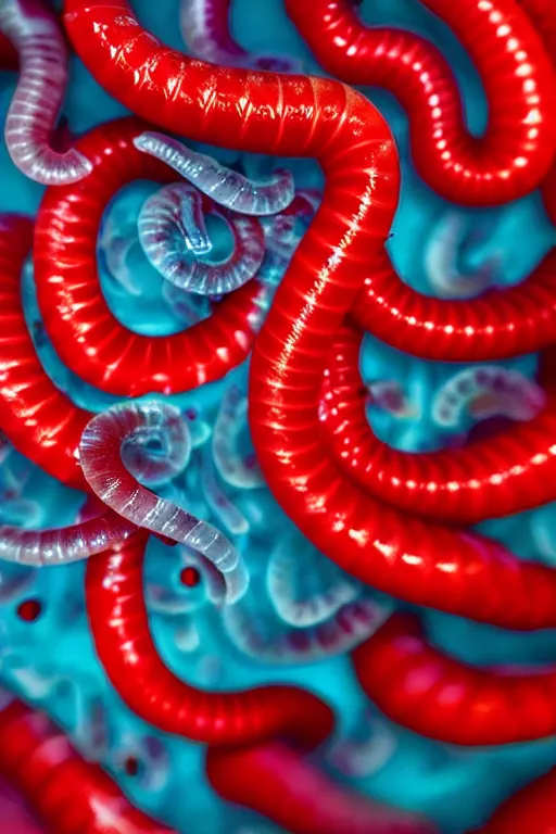 Image similar to high quality close-up photo translucent gelatinous worms! gorgeous red dots highly detailed hannah yata elson peter cinematic turquoise lighting high quality low angle hd 8k sharp shallow depth of field