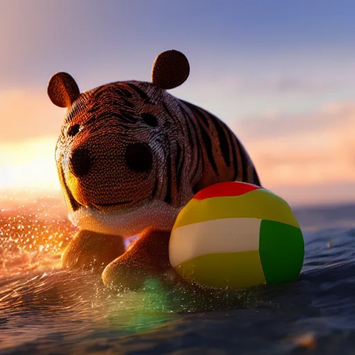 Image similar to a closeup photorealistic photograph of a cute smiling knitted tiger hippopotamus chasing a beachball at sunset. surf in the background. professional capture. this 4 k hd image is trending on artstation, featured on behance, well - rendered, extra crisp, features intricate detail, epic composition and the style of unreal engine.