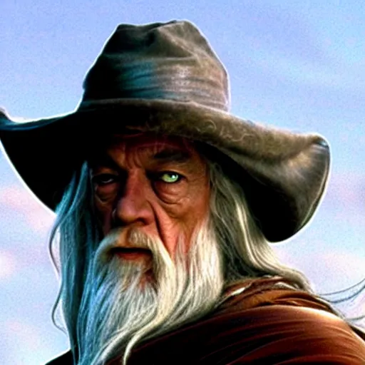 Image similar to Gandalf wearing a cowboy hat. Movie still from lord of the rings the fellowship of the ring