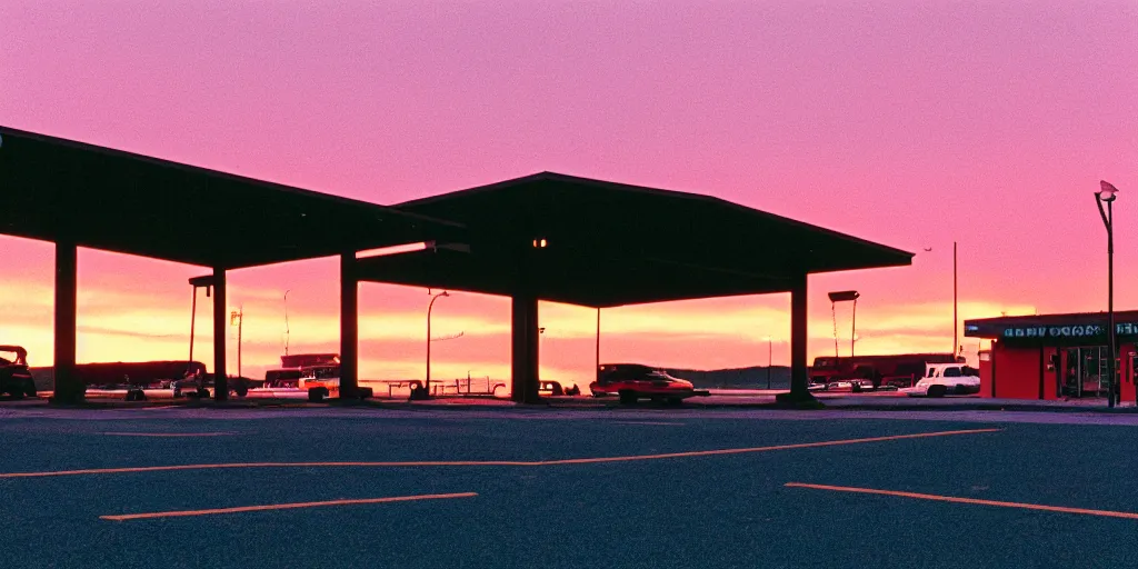 Image similar to a lonely port byron travel plaza in the middle of nowhere, sunset, eerie vibe, leica, 2 4 mm lens, cinematic screenshot from the 2 0 0 1 film directed by charlie kaufman, kodak color film stock, f / 2 2, 2 4 mm wide angle anamorphic