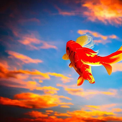 Prompt: photograph of a flying koi fish, majestic, clouds in the background, sharp focus, beautiful, enhanced colors, sunset colors, hd, cinematic lighting, 8k