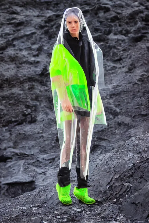 Image similar to an ultra high definition professional high fashion portrait studio full length photograph of a model wearing a transparent pearlescent raincoat and neon visor in an icelandic black rock environment at dawn. no artefacts. extremely detailed. stark. refraction. shallow depth of field. volumetric light and shadow. ray tracing. light rays.