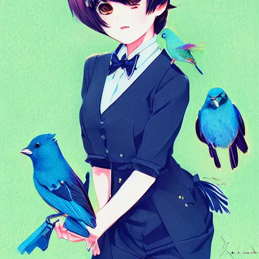 Image similar to colored pencil, anime art, beautiful full body female pinup girl, she is holding an indigo bunting bird, in her hand, the bird is wearing a bowtie, wlop, rossdraws sakimimichan, ilya kuvshinov, krenz cushart