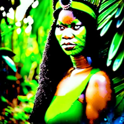 Prompt: a green queen make the jungle alive, professional photography