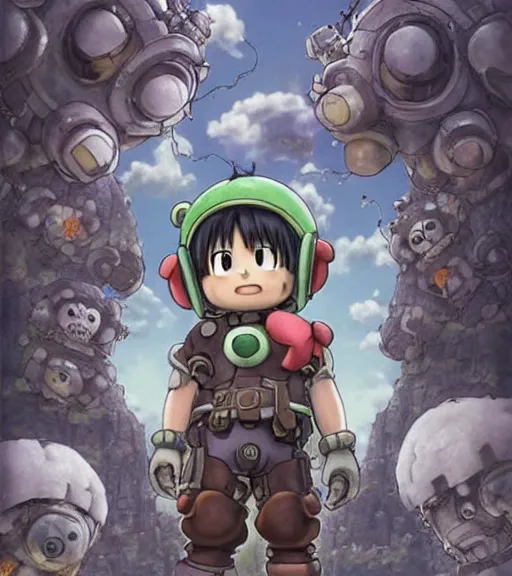 Image similar to beautiful little boy wearing an cyborg bear suit, artwork in kentaro miura and made in abyss and sakimichan, inspired in super bomberman, smooth, beautiful lightness, anatomically correct, trending on pixiv, space