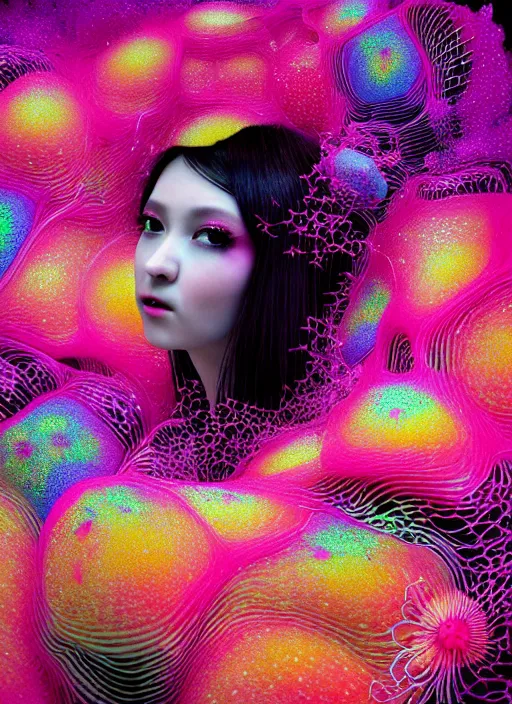 Image similar to hyper detailed 3d render like a Oil painting - kawaii Aurora (Singer) seen Eating of the Strangling network of yellowcake aerochrome and milky Fruit and Her delicate Hands hold of gossamer polyp blossoms bring iridescent fungal flowers whose spores black the foolish stars by Jacek Yerka, Mariusz Lewandowski, Houdini algorithmic generative render, Abstract brush strokes, Masterpiece, Edward Hopper and James Gilleard, Zdzislaw Beksinski, Mark Ryden, Wolfgang Lettl, hints of Yayoi Kasuma, octane render, 8k