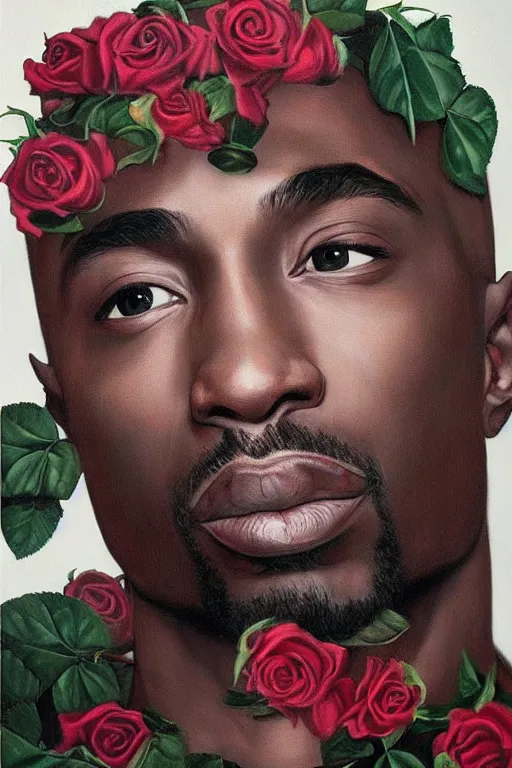 Prompt: Tupac, portrait by Kehinde Wiley!!, roses, artgerm, loish, oil painting,