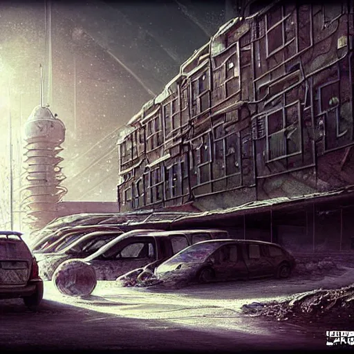 Prompt: Сyberpunk style photo on a parking lot in a Soviet slum on the moon, Neo Norilsk, sci-fi, fantasy, intricate, very very beautiful, elegant, highly detailed, smooth, Unreal Engine 5, sharp focus, illustration, art by artgerm and greg rutkowski and alphonse mucha and evgeny zubkov