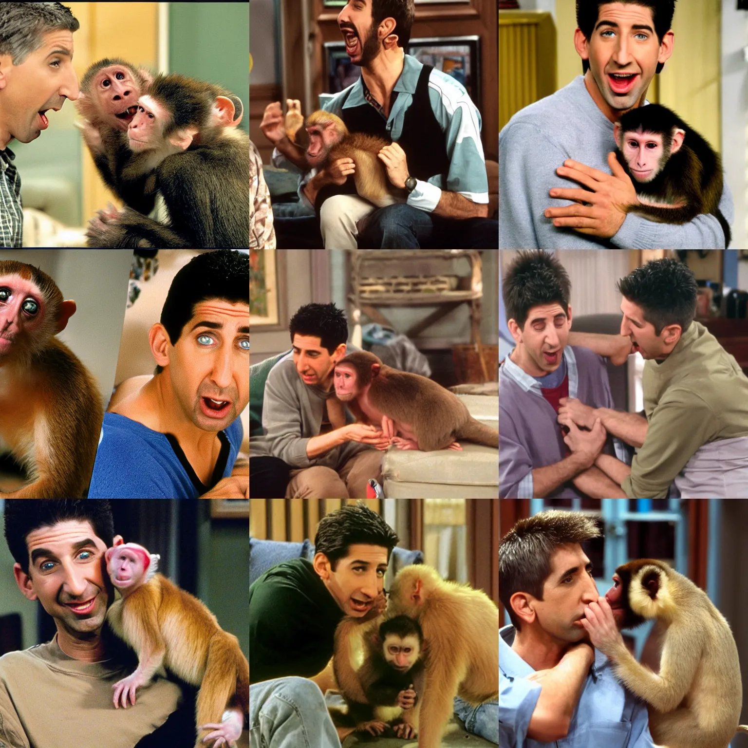 Prompt: ross geller in his apartment being bitten on the arm by a capuchin monkey, ross geller screaming, friends 9 0 s sitcom,