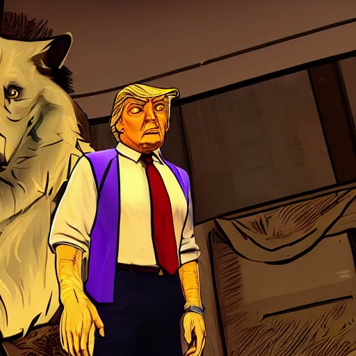 Image similar to Donald Trump in The Wolf Among Us, highly realistic, HDR, extremely detailed, surprisingly good, 4k, 8k