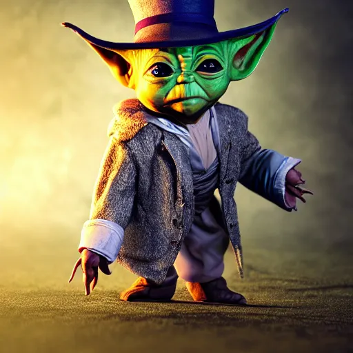Prompt: full body pose, hyperrealistic photograph of baby yoda dressed as the mad hatter, dim volumetric lighting, 8 k, octane beautifully detailed render, extremely hyper detailed, intricate, epic composition, cinematic lighting, masterpiece, trending on artstation, very very detailed, stunning, hdr, smooth, sharp focus, high resolution, award, winning photo, dslr, 5 0 mm