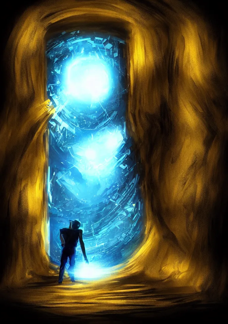 Prompt: The portal into his imagination. High concept art. Introspective. Blue black gold themed.