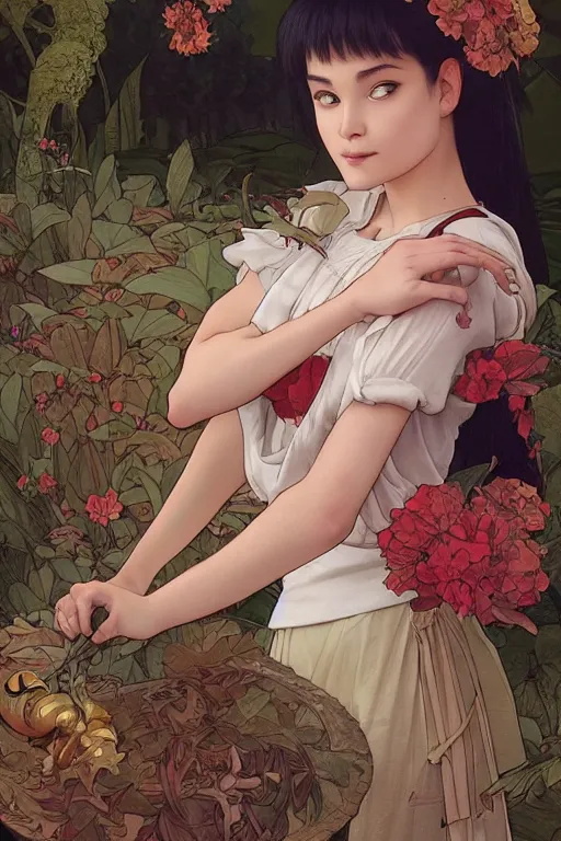 Image similar to kiki in kiki\'s delivery service in ancient java, highly detailed, digital painting, artstation, concept art, smooth, sharp focus, illustration, ArtStation, art by artgerm and greg rutkowski and alphonse mucha and J. C. Leyendecker and Edmund Blair Leighton and Katsuhiro Otomo and Geof Darrow and Phil hale and Ashley wood and Ilya repin and Charlie Bowater