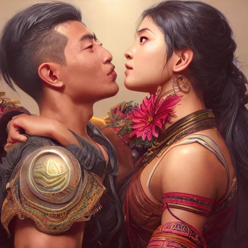 Image similar to portrait painting of dark muscular nepali couple kissing, ultra realistic, concept art, intricate details, eerie, highly detailed, photorealistic, octane render, 8 k, unreal engine. art by artgerm and greg rutkowski and alphonse mucha