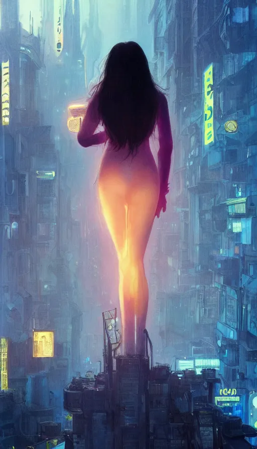 Prompt: hailee steinfeld, omicron, 2 0 1 8 blade runner movie still girl look at the cityscape from roof perfect face fine realistic face pretty face neon puffy jacket blue futuristic sci - fi elegant by denis villeneuve tom anders zorn hans dragan bibin thoma greg rutkowski ismail inceoglu illustrated sand storm alphonse mucha