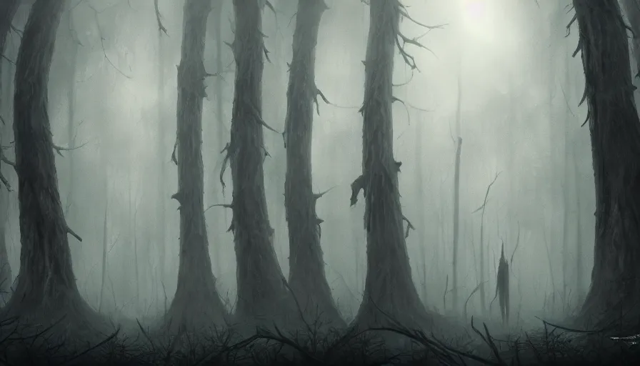 Image similar to a dark foggy forest, a very tall faceless monster standing amongst the trees, concept art, illustration, dark fantasy, high detail, trending on artstation