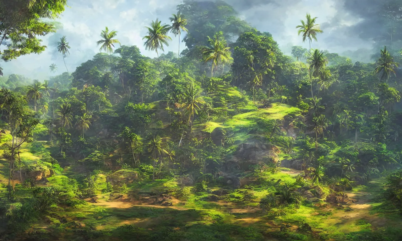 Prompt: a beautiful sri lankan landscape, concept art, intricate detail, volumetric shadows and lighting, realistic oil painting,