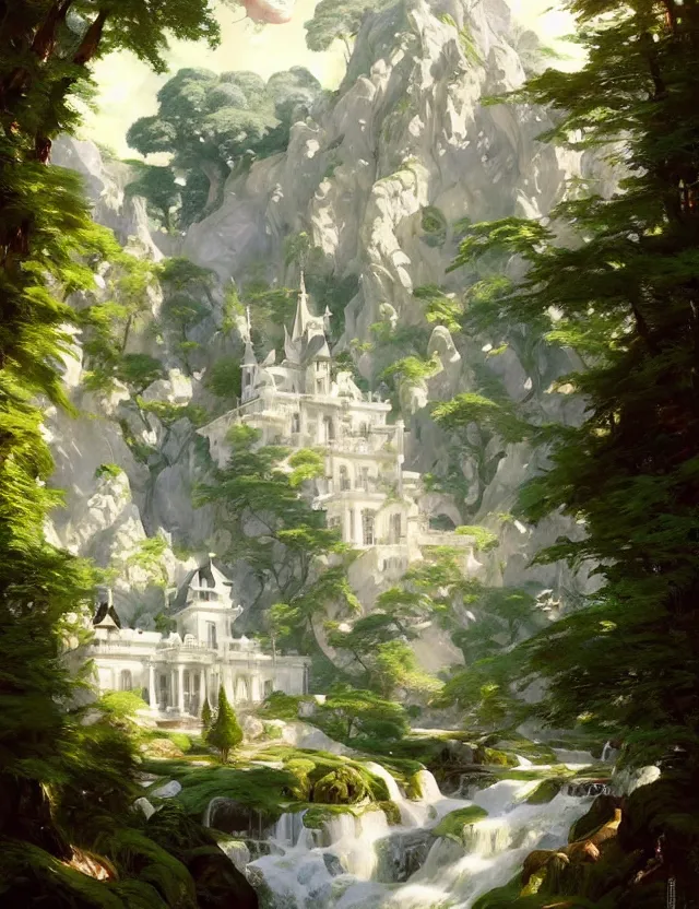 Image similar to beautiful white castle in a mountain forest valley, beautiful landscape, lush foliage, painted by karl kopinsky, john singer sargent, tom bagshaw, norman rockwell, alfonso muha, lolish, trending on artstation