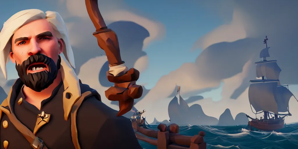 Image similar to selfie of a sea of thieves character with white beard, white hair, eye patch, sea of thieves screenshot, storm, unreal engine, digital art,