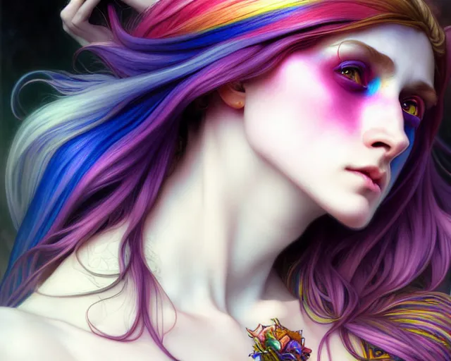 Image similar to overlord, rainbow hair, portrait, highly detailed, deep focus, elegant, digital painting, smooth, sharp focus, illustration, ultra realistic, 8 k, art by artgerm and alphonse mucha and edgar maxence