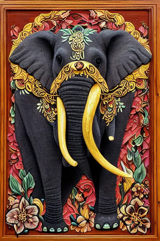 Image similar to Painted dark-wood panel relief carving of a close up of a Flowerpunk Matriarch Elephant, ornate border frame, explosion of colorful flowers, dark wood, intricately carved, black ink, festival of rich colors, intricate details, cinematic lighting, volumetric lighting, post-processing, art nouveau, by andreas rocha and john howe, and Martin Johnson Heade, featured on artstation, featured on behance, golden ratio, hyper detailed, photorealistic, epic composition, center spotlight, f32, well composed, symmetrical, UE5, 8k