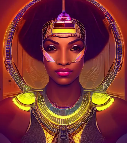 Image similar to symmetry!! egyptian princess of technology, solid cube of light, hard edges, product render retro - futuristic poster scifi, lasers and neon circuits, beautiful brown skin woman egyptian princess, intricate, elegant, highly detailed, digital painting, artstation, concept art, smooth, sharp focus, illustration, dreamlike, art by artgerm