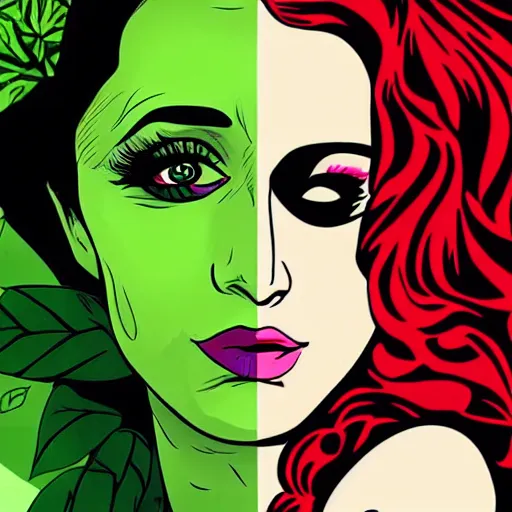 Image similar to Portrait of Shraddha Kapoor as Poison Ivy from Batman comics movie in style of Roy Lichtenstein, detailed face 8k, UHD