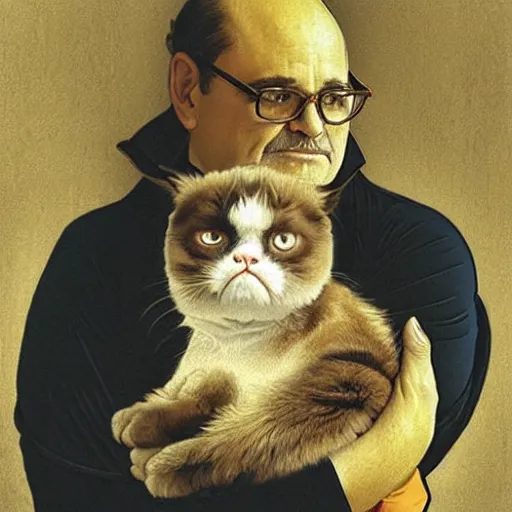 Prompt: “ george costanza holding grumpy cat, sitting on velvet couch, very detailed, by alphonse mucha ”