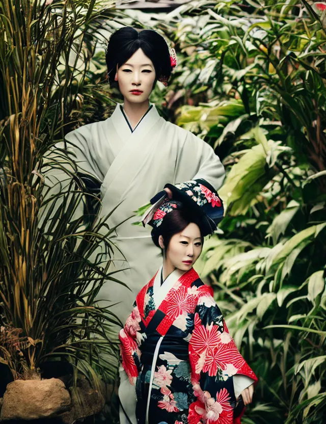 Prompt: fashion photograph of a beautiful Japanese woman wearing a traditional kimono in a tropical greenhouse, by Annie Leibowitz, by Alessio Albi, extremely detailed, large format camera, Fuji Provia film, 85mm lens, bokeh, blurred background, photorealistic, trending on instagram, trending on artstation