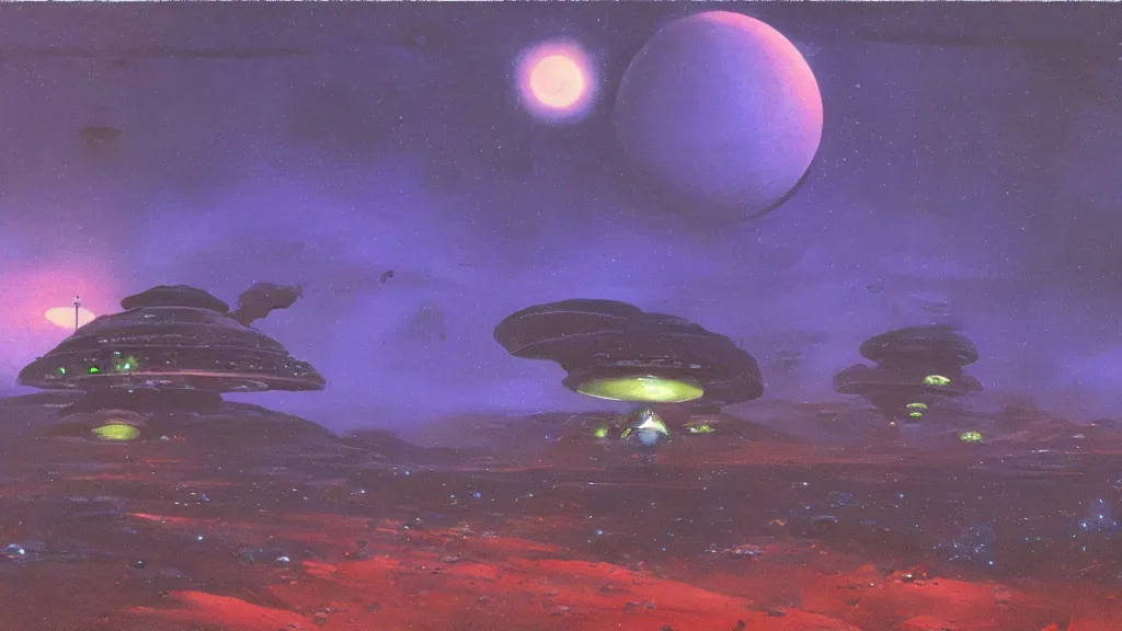 Image similar to eerie atmospheric alien planet with a small dropship pod landing by paul lehr and jack gaughan and john schoenherr, epic cinematic matte painting